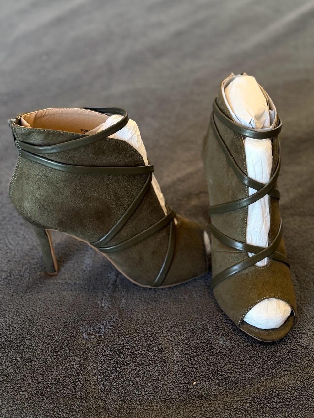 Olive Suede Strappy Peep-Toe Booties - Women